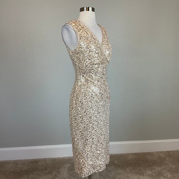 Eliza J Sequined Sleeveless Midi Sheath Cocktail Dress Sparkly Gold Size 4 - Picture 3 of 13